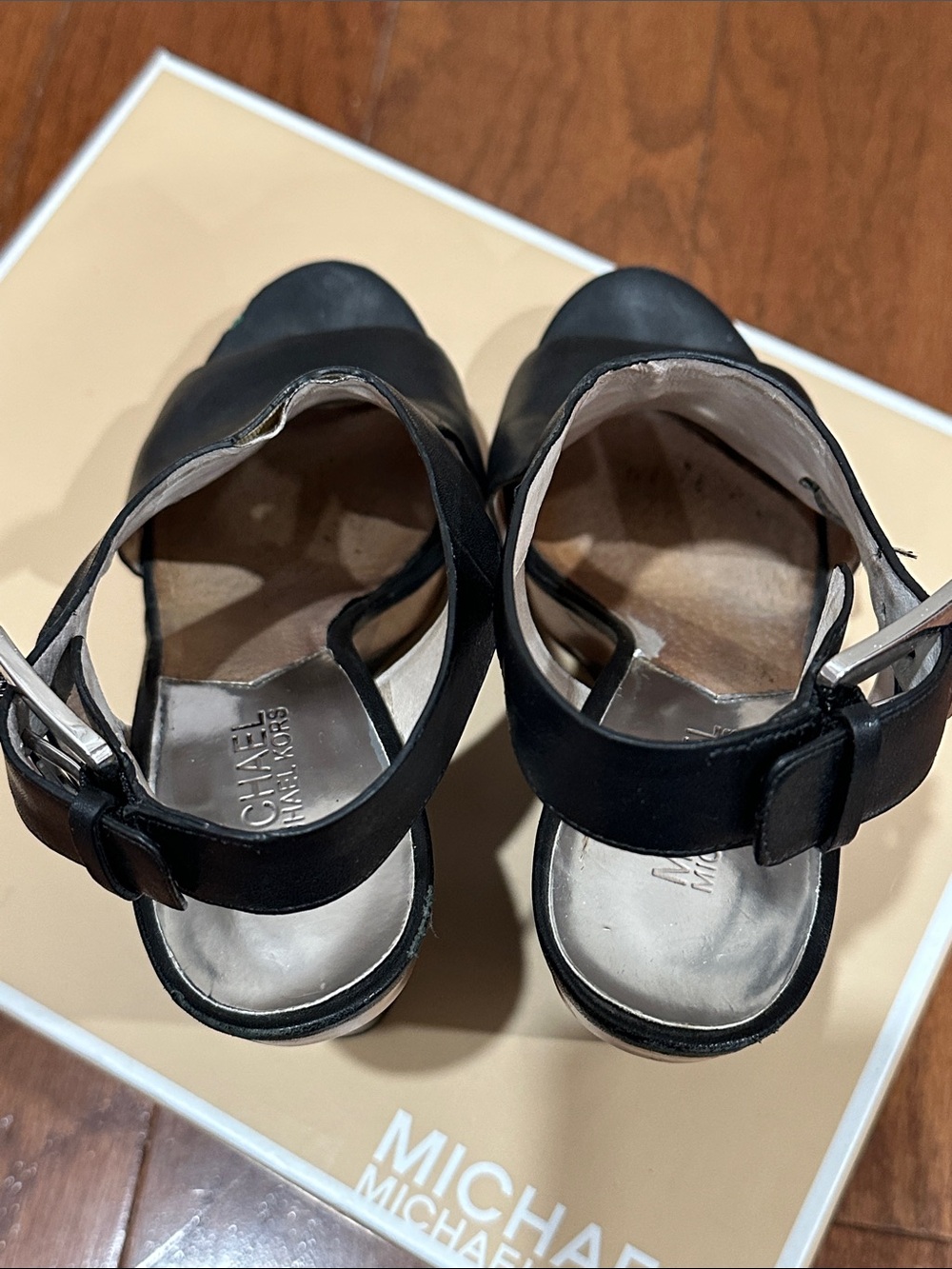 Michael Kors Josephine Black Leather Open-Toe Wedge Sandal with Brown Platform - Picture 2 of 10